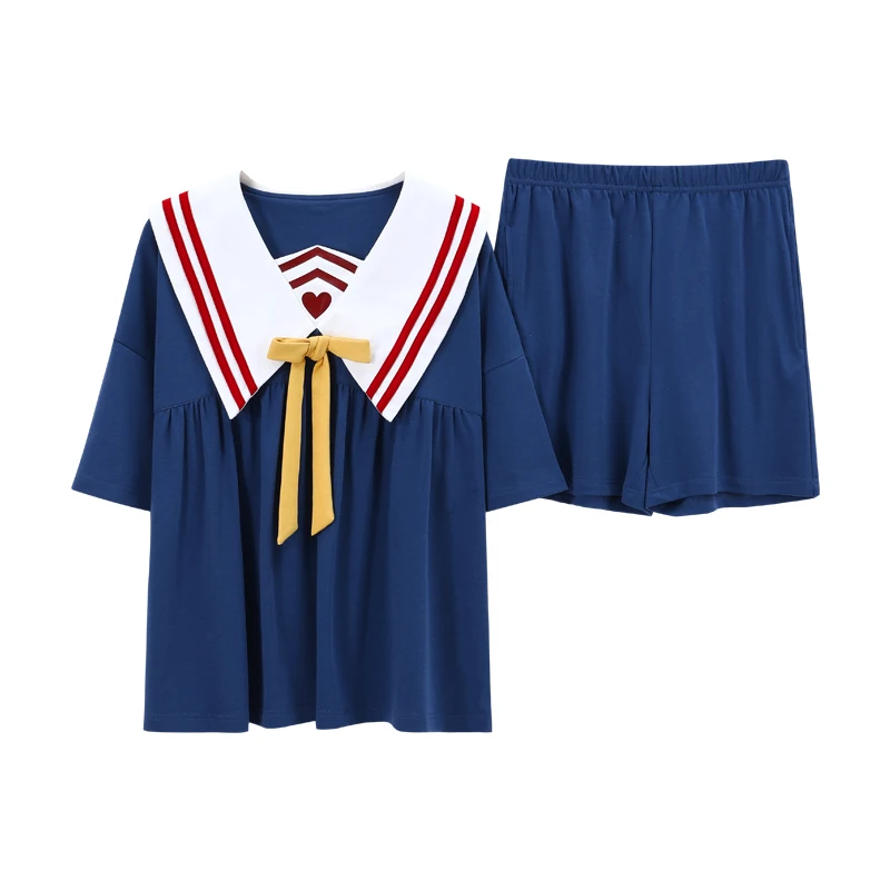 

Women Chic Princess Casual Shorts Patchwork Turn-down Collar Loose Girl Sleepwear Summer Short Sleeve Cotton Cartoon Pajamas Set