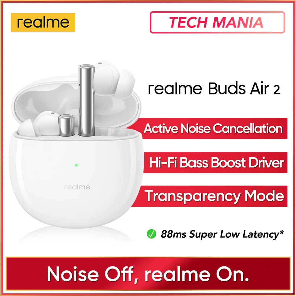 

New realme buds air 2 Active Noise Cancellation Wireless Earphone 88ms Super Low Latency Transparency Mode Bluetooth Headphones
