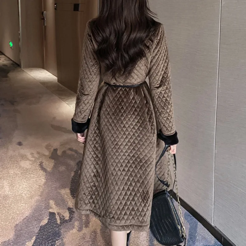 

Vintage Women Winter Outwear Fashion Korean Single-Breasted Long Sleeve Lattice Ladies Thick Warm Long Coat Mulheres Casacos