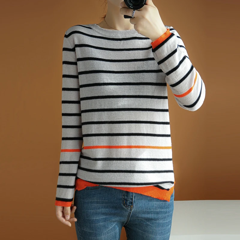 

2021 Spring Autumn New Knit Cashmere Sweater Women' Round Neck Korean Pullover Striped Long-Sleeved Base Shirt 100%Pure Wool Top