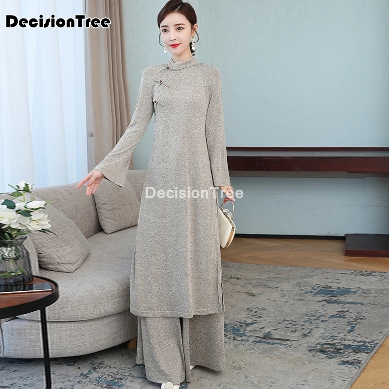 

2021 folk style aodai dress+pants set vietnam knitting aodai elegant ao dai dress oriental dress cheongsam oriental qipao set