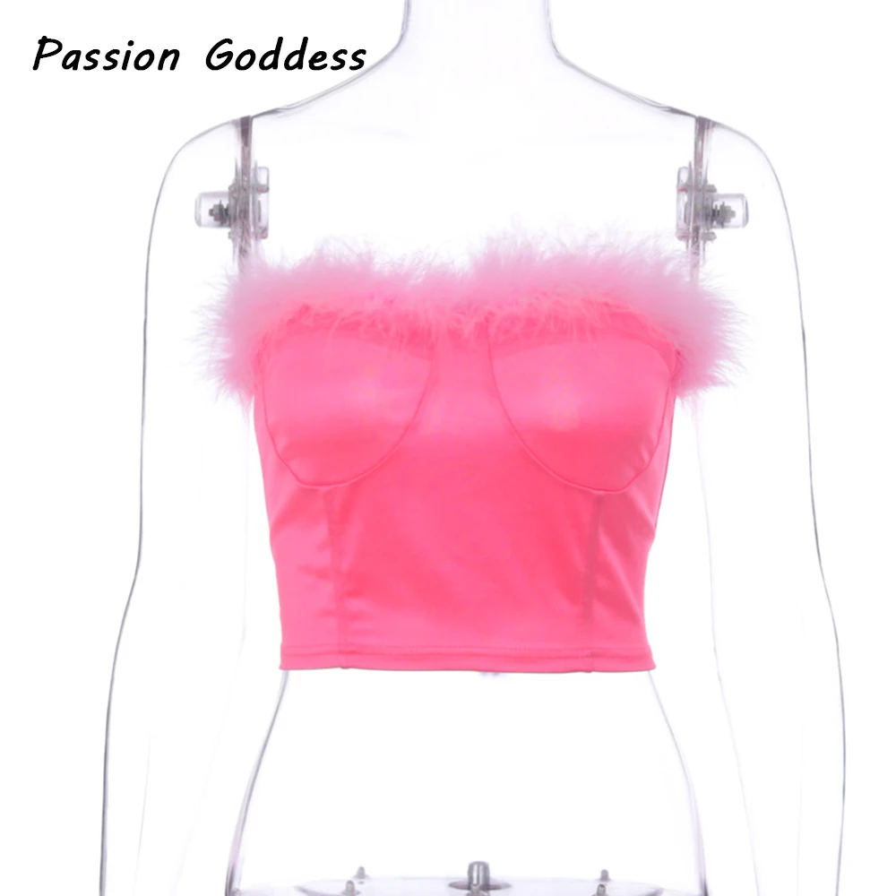Милая женская розовая меховая майка с перьями укороченный топ без рукавов на