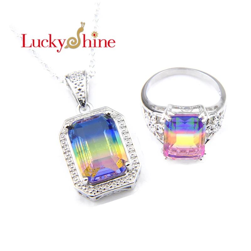 LuckyShine 925 Серебряные радужные прямоугольные цветные турмалиновые драгоценные