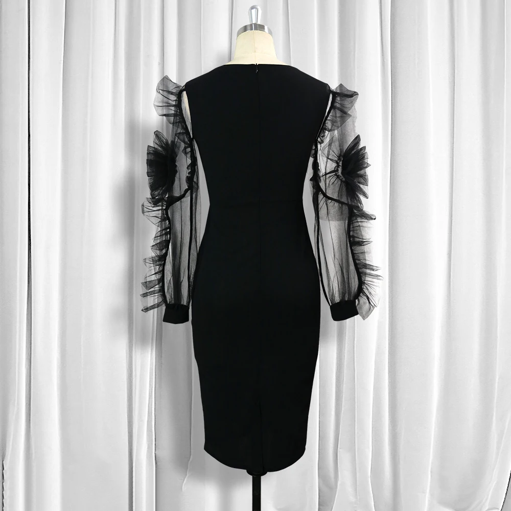 Black Dress O Neck Transparent Mesh Long Sleeves Ruffle Classy Women Elastic Elegant Office Ladies Modest Female African Fashion | Женская