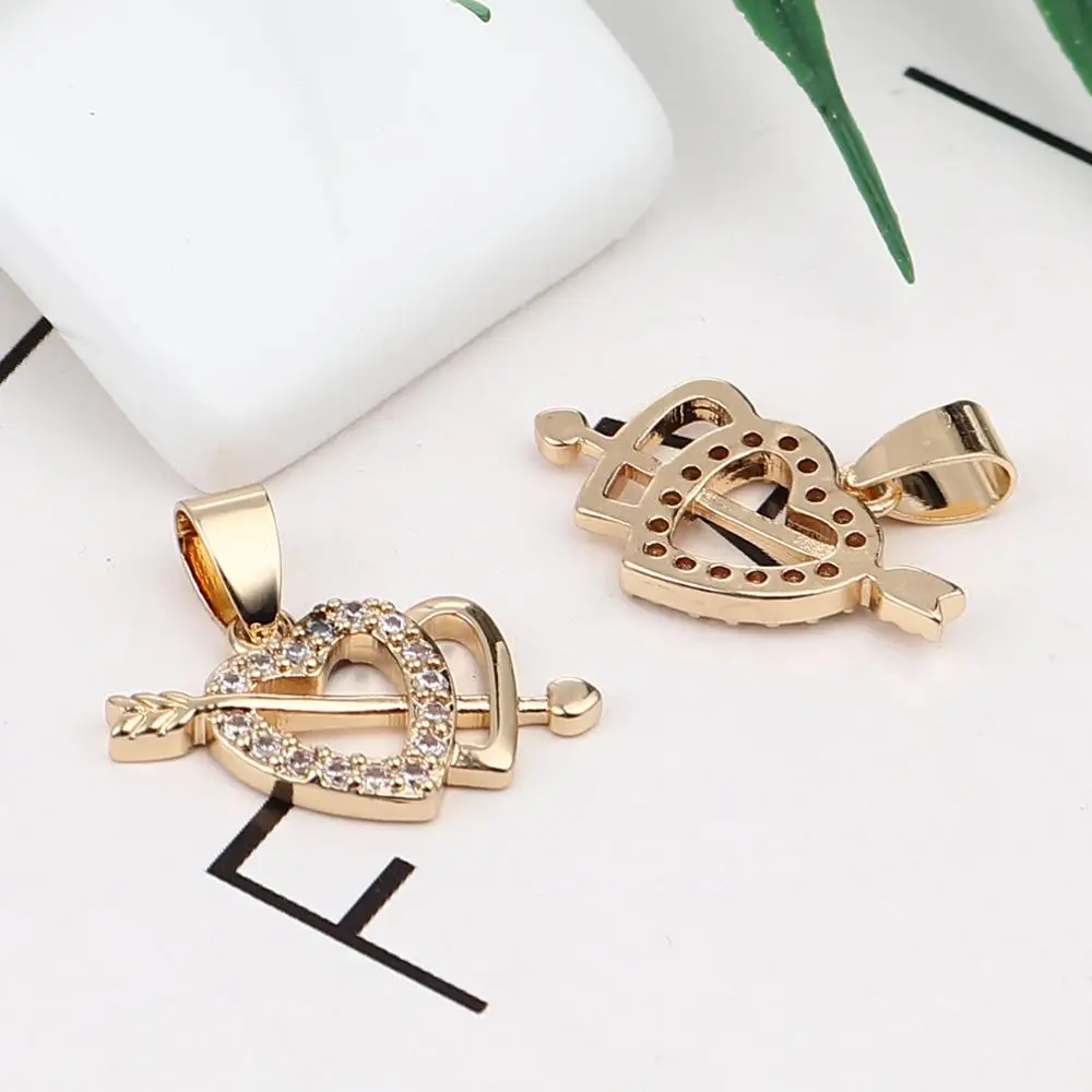 

DoreenBeads Copper Valentine's Day Charms Gold Color Arrow Through Heart Micro Pave Rhinestone Pendant DIY Necklace Jewelry,2PCs