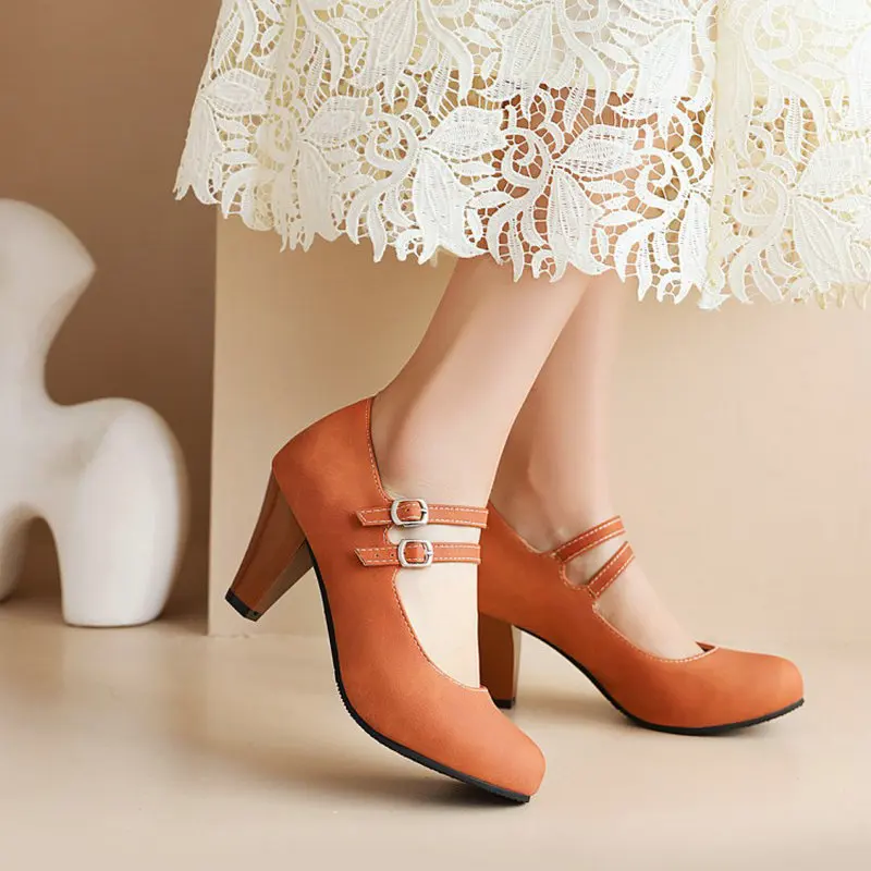 

ZawsThia 2021 Orange White Double Buckle Strap Retro Ladies Pumps Office Lady Spike High Heels Womens Mary Janes Big Size 47 48