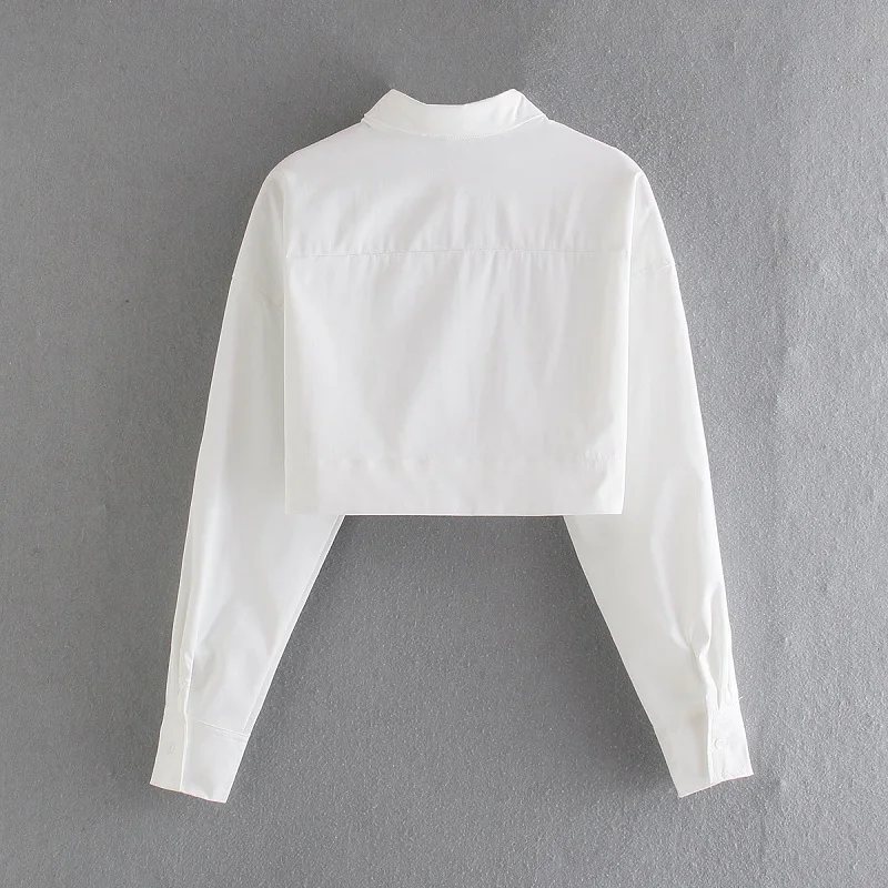

Elegant White Basic Women Cropped Shirt 2021 Summer New Vintage Single Breasted Long Sleeve Lapel Pocket Temperament Chic Tops