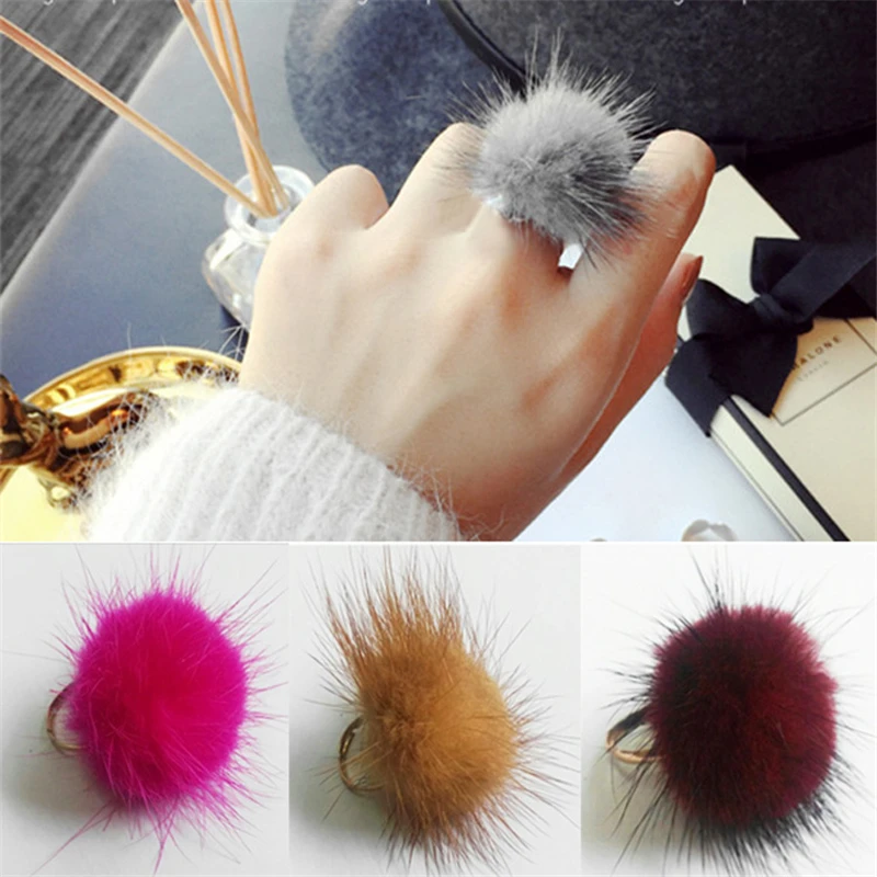 Кольцо с помпон для женщин и девушек милое пушистое кольцо из меха норки