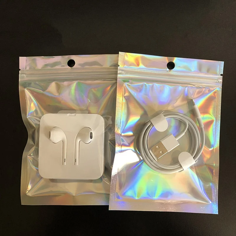 

100pcs Clear Front Hologram Silver Waterproof Gift Bags Packaging Storage Plastic Bags Translucent Laser Ziplock Bags