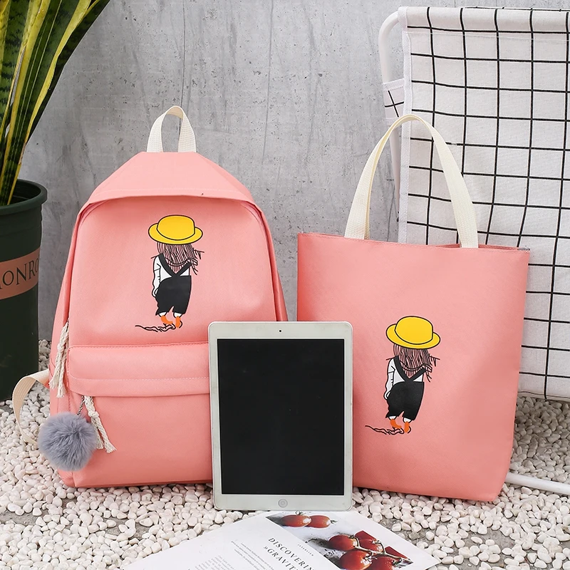 4 шт. рюкзак с мультяшным принтом в консервативном стиле холщовые однотонные