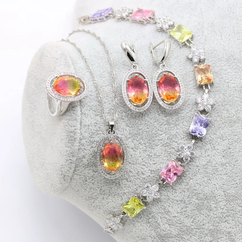 XUTAAYI Wedding Jewelry Sets Multicolor 925 Silver Earrings For Women Luxury Bracelet Rings Bridal Pendant Necklace Set | Украшения и