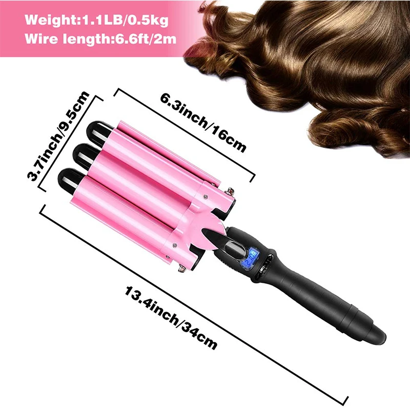 

32mm 3 Barrel Curling Iron Wand Dual Voltage Hair Crimper with LCD Temp Display 1 Inch Ceramic Tourmaline Hair Triple Barrels