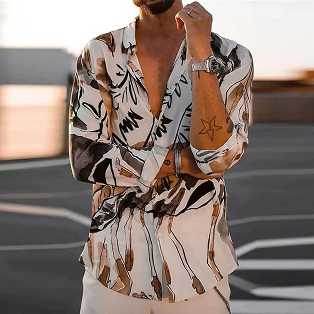 

Men Tops Model Shirt 2021 Summer Shirt Printed Loose Men Long Sleeve Lapel Top for Dating Oversized Shirts Camisa Masculina