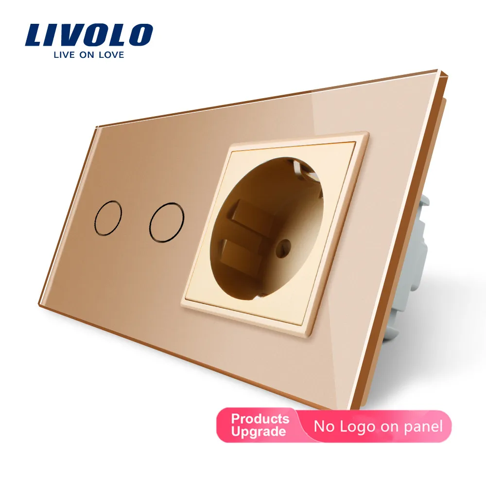 Gold-No logo Livolo 16A ЕС стандартная настенная розетка с сенсорным выключателем, AC220~ 250 В, 7 цветов кристальная стеклянная панель, C702-C7C1EU-11, без логотипа - Тип: Gold-No logo