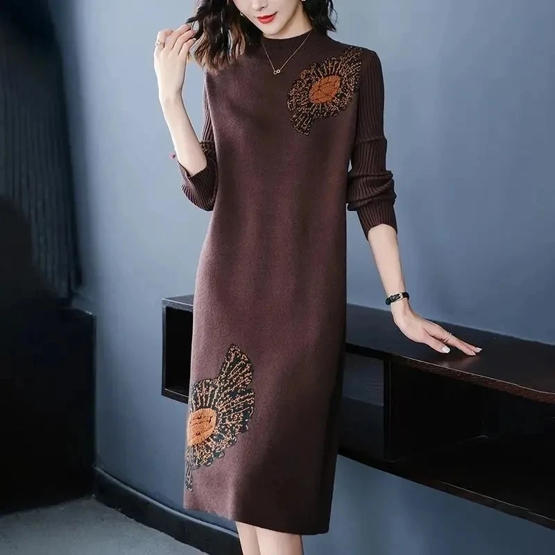 

2021 New Year Dress Ladies Dress Party Dress Knitted Wool Jacquard Dress High-End Loose Knee-Length Hair Dress Slim Length Dress
