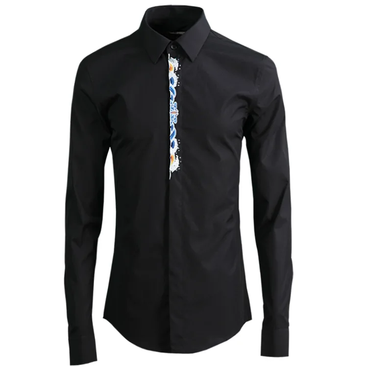 

Color Fashion Solid Placket Embroidered Dress Shirt Long Sleeve Luxury Mens Shirts Casual Men Clothes