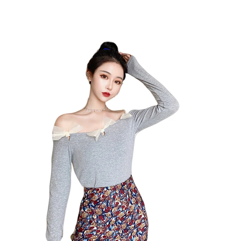 

Kimutomo Elegant Long Sleeve T-shirt Women 2021 Early Autumn Korea Ins Off Shoulder Bow Slash Neck Solid Short Knit Top Casual