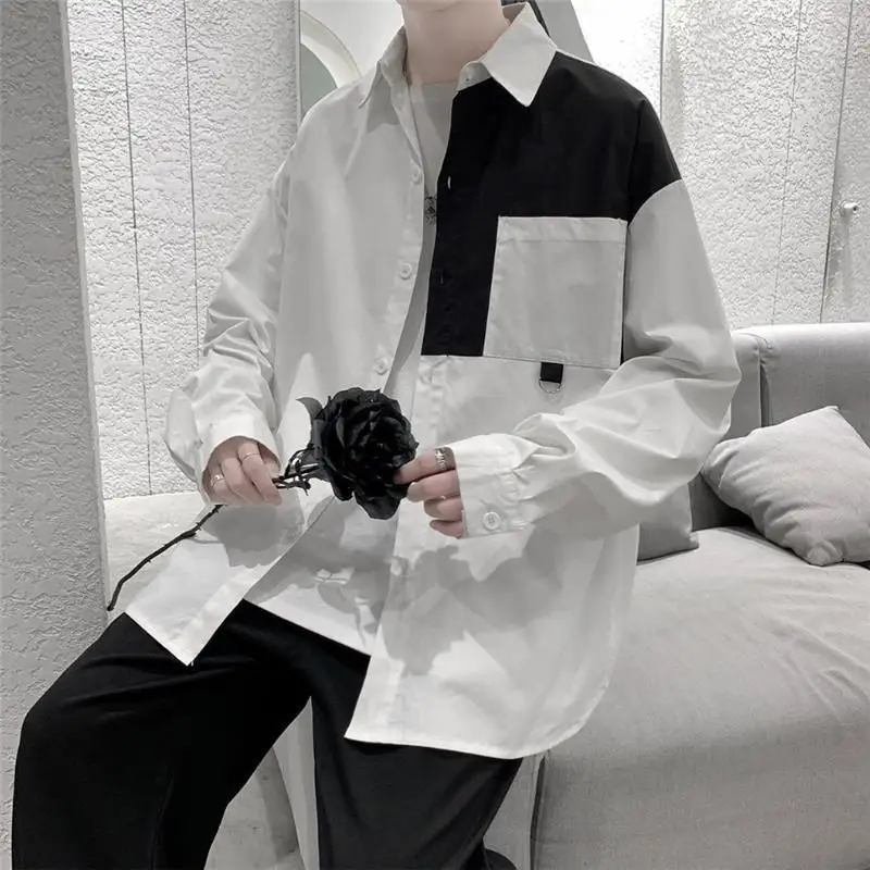 

Advanced Black and White Shirt Men's Long Sleeve Shirt Loose Casual Splicing Men's Spring and Autumn Coat