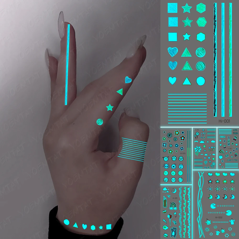 

Blue Luminous Glow Tattoo Sticker Geometric Lines Waterproof Temporary Tatoo Small Finger Wrist Fake Tatto For Body Art Women