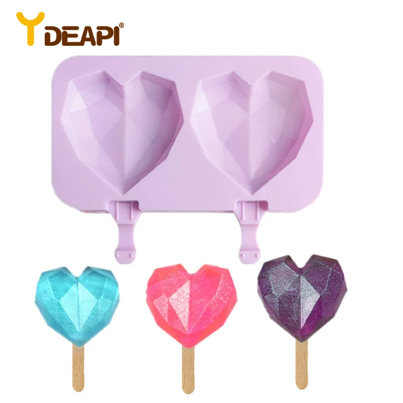 

YDEAPI Diamond Love Heart Silicone Ice Cream Molds With Lid Wedding Dessert Freezer Fruit Popsicle Molds DIY Ice Cubes Maker