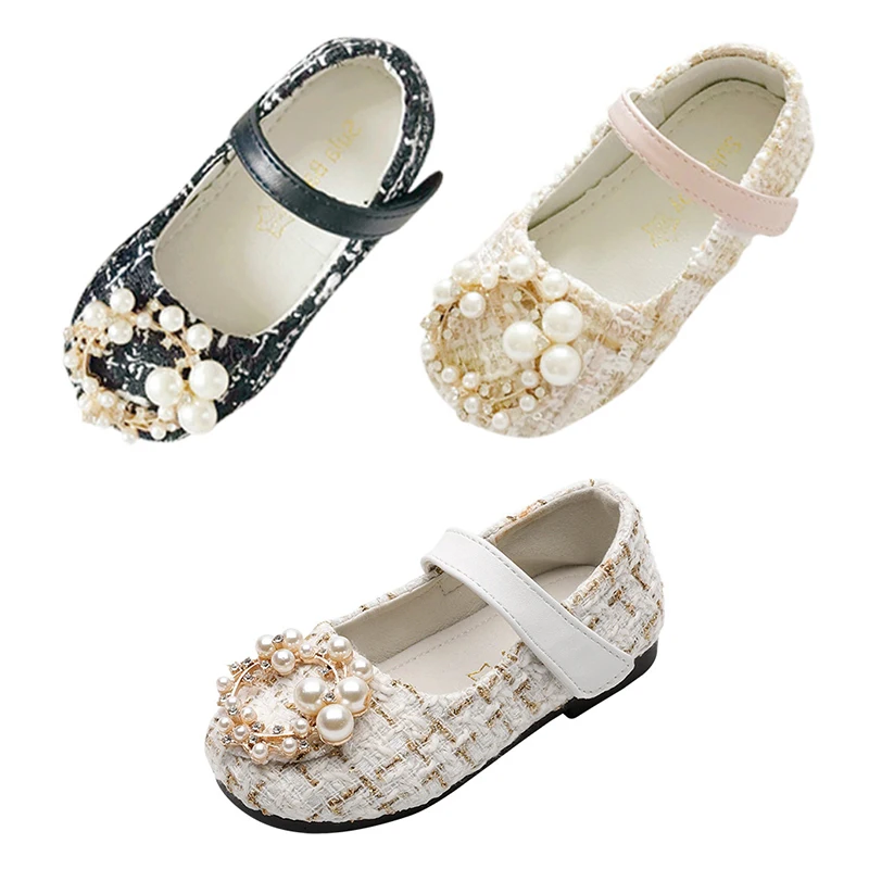 

2-7T Kids Girls PU Soft Bottom Princess Retro Little Fragrant Pearl Single Shoes Spring Autumn Dance Shoes