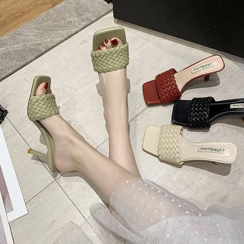 

2021 Summer New Women Slippers High Heel Shoes Woman Fashion Sexy Woven Design Square Toe Slides High Quality Slippers Women