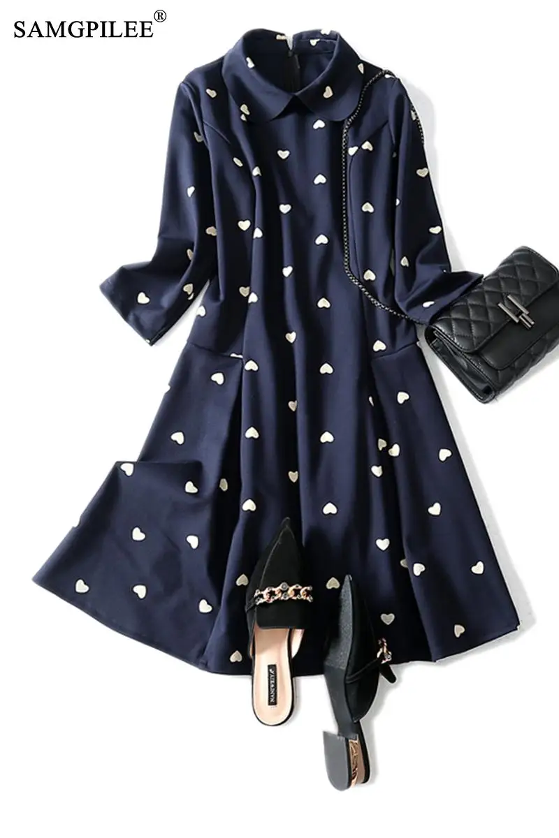 

Women Autumn Sundress Casual A-line Print Three Quarter Sleeve Plus Size Women Dress Empire Turn-down Collar Dresses For Women