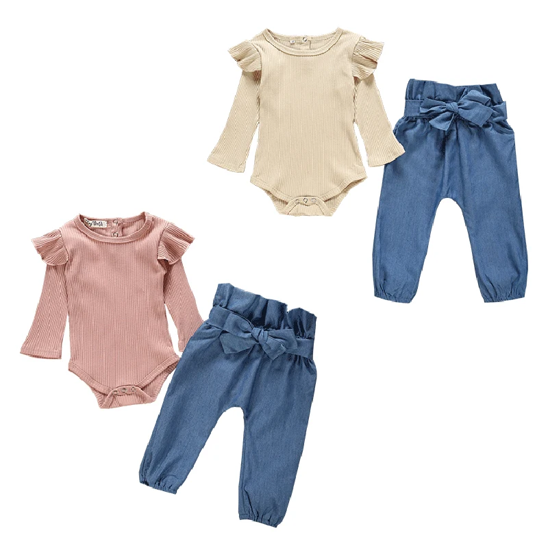 Kids Baby Girls Ruffle Romper Long Sleeve Bodysuit Tops Denim Jeans High Waist Pants Floral Halen Pants Children Clothing Set