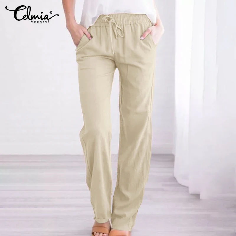 

Autumn Elastic Waist Solid Long Trousers Celmia Women's Straight Pants 2021 Casual Bandage Elegant Office Lady Slacks Pantalon