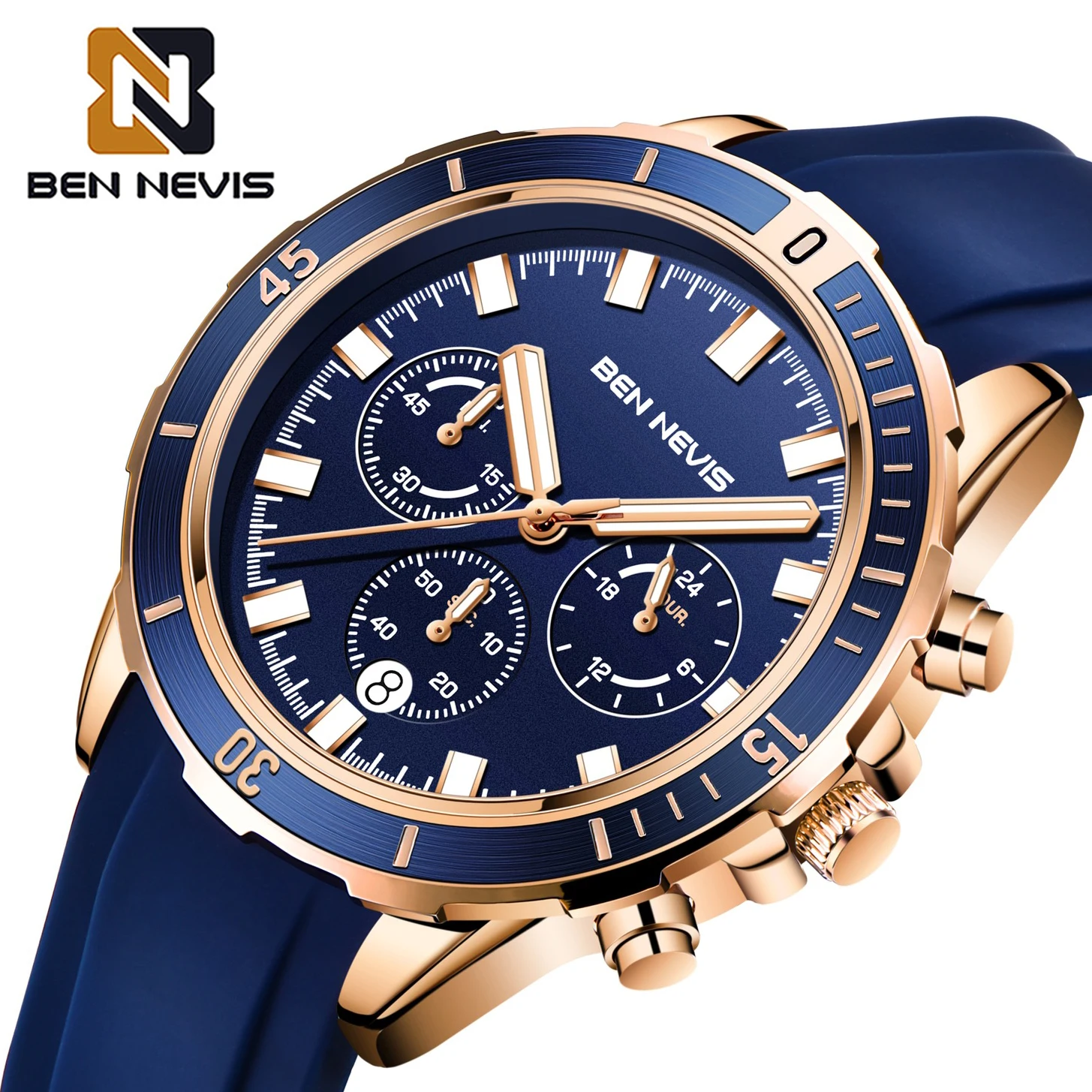 

BEN NEVIS New Top Luxury Men's Sport Watches Blue Rubber Chronograph Quartz Military Watch for Men Brand Clock relogio masculino