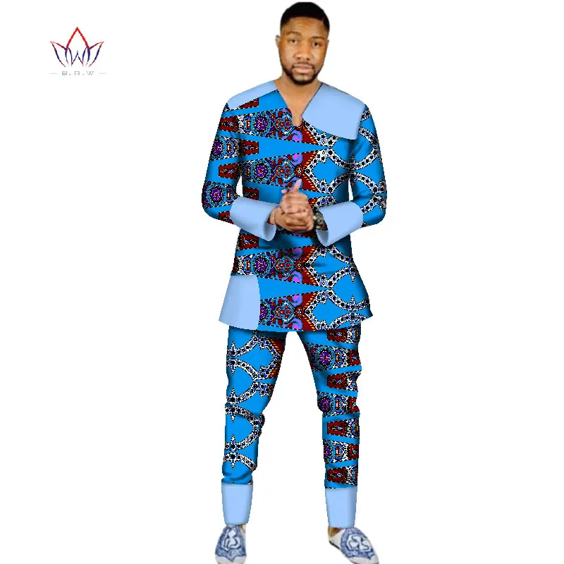 BRW Мужская африканская одежда Дашики Африка принт хлопковые топы набор Мужская футболка с длинным рукавом брендовая одежда и Брюки 6XL WYN354 - Цвет: 4