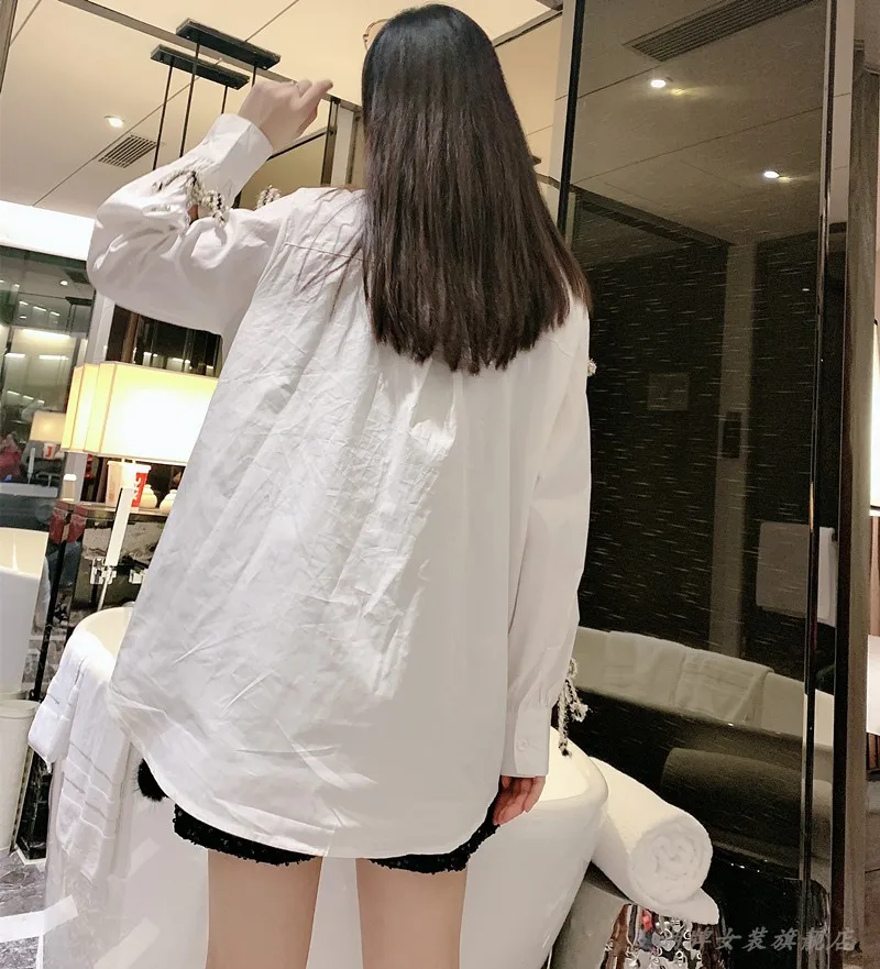 

European 2021 New Korean Style Loose Slimming Long Sleeves Beaded Shirt Top Women's Fashion