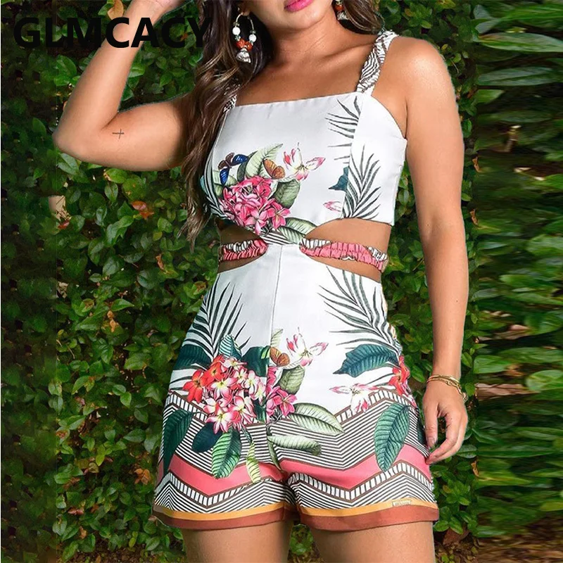 

Strap Tropical Print Short Bodycon Rompers