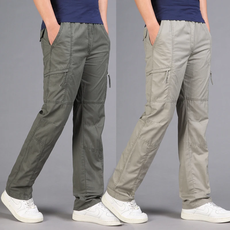 

autumn summer Men cotton cargo pants zipper pocket cotton safari style plus size 13XL oversize pants elasticity Stretch black
