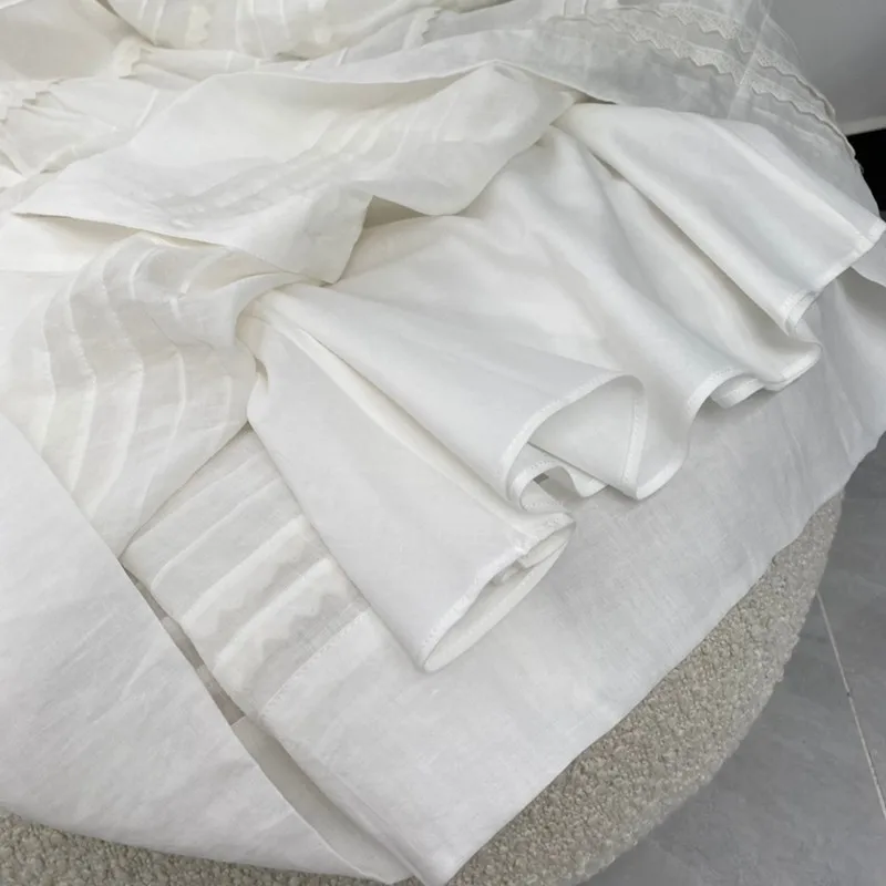 

2021 New Summer Women Fashion White A-line Wave Long Lantern Sleeve Turn-down Collar Knee-length Dresses High Quality Cotton