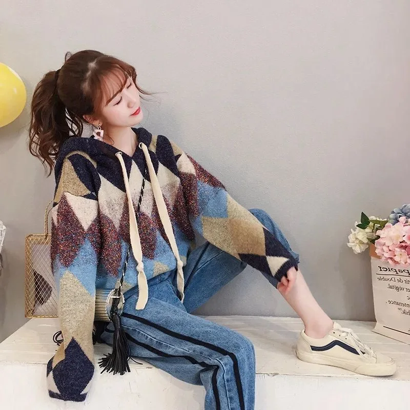 

Women Geometric Hooded Knitted Sweater Loose Drawstring Long-sleeved Mid-length Pullover Ruched Sweater Female 2021 Spring