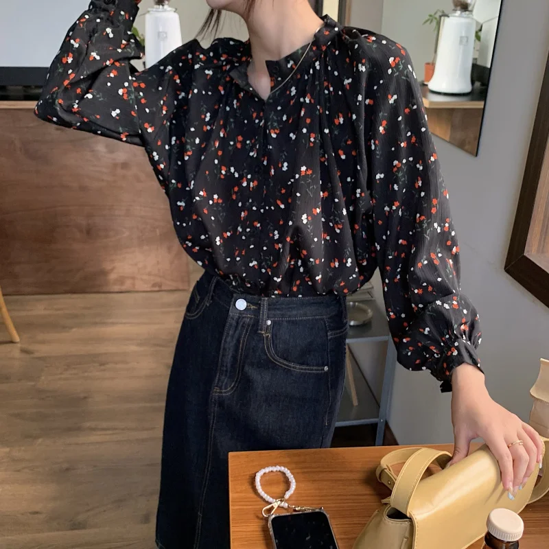 

Korejepo Women Blouse 2021 Autumn New Korean Chic Retro Sweet Floral Loose Shirt Puff Sleeve O-neck Temperament Long Sleeve Tops