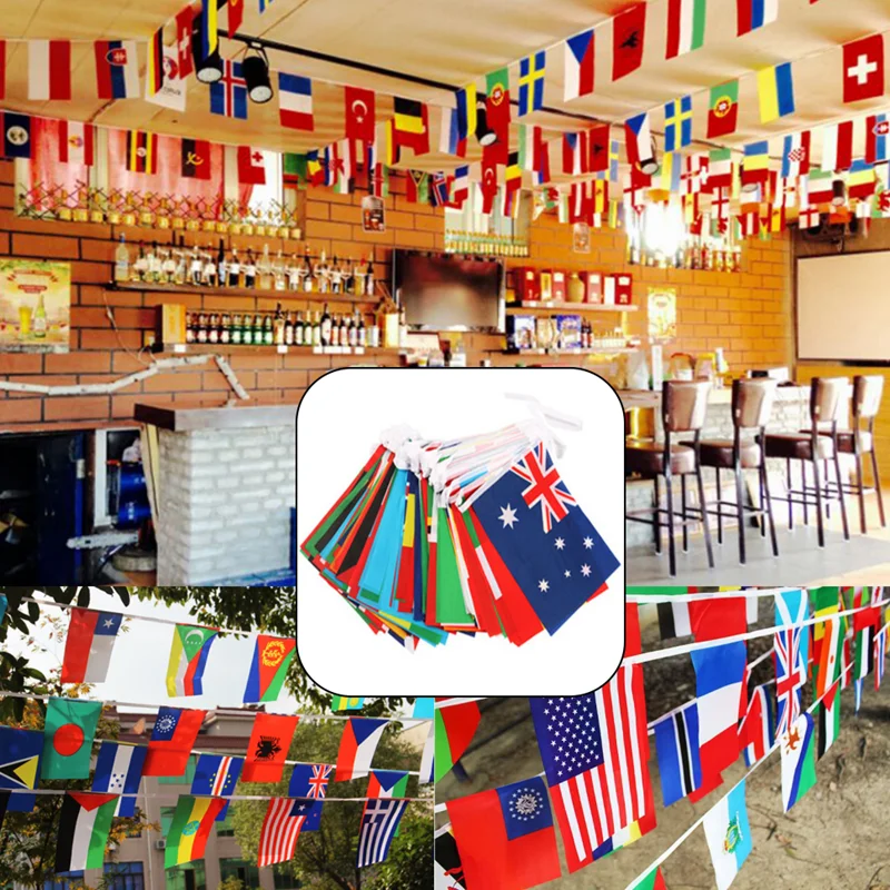 

Hot Wholesale 1 String Hanging Flag Football Soccer 32 Team National Flag Country World Banner Bunting 14X21cm Pride String Flag