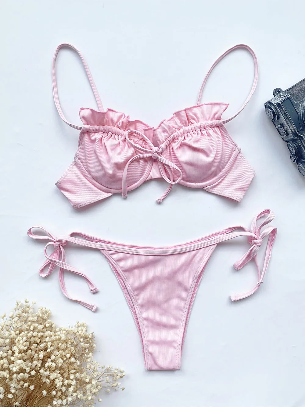 

Sexy Solid Bikinis Push Up Swimwear Women 2021 Ruffle Swimsuits Women's Bathing Suits Ribbed Bikini Set High Cut Thong Biquini