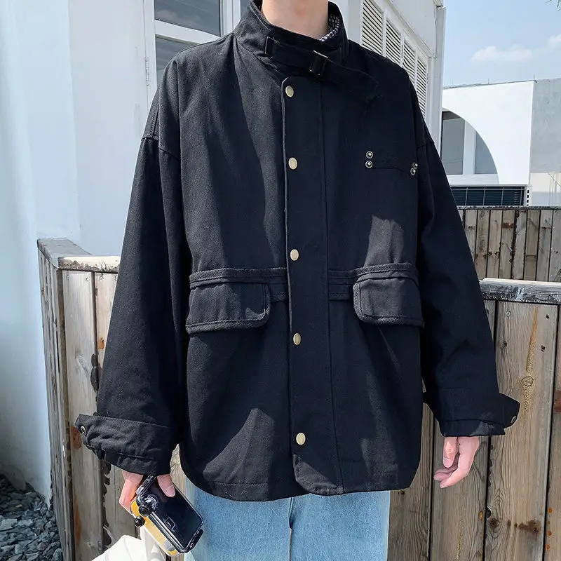 

Cotton Casual Jacket Men's Fashion Stand-up Collar Baseball Uniform Jackets Mens Streetwear Loose Hip-hop Bomber Jacket Men