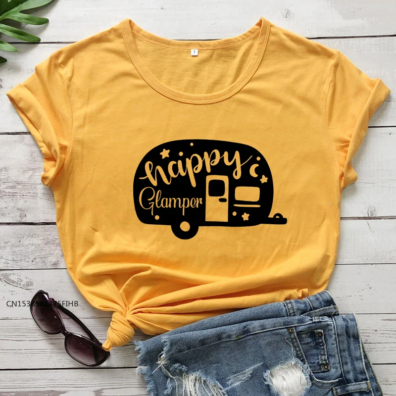 Футболка с коротким рукавом Happy Glamper SoftPremium, забавная футболка с графическим рисунком для кемпинга, милые женские летние футболки для путешествий и активного отдыха