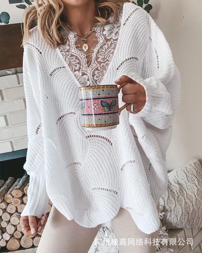 

Женский кружевной свитер с V-образным вырезом и длинным рукавом