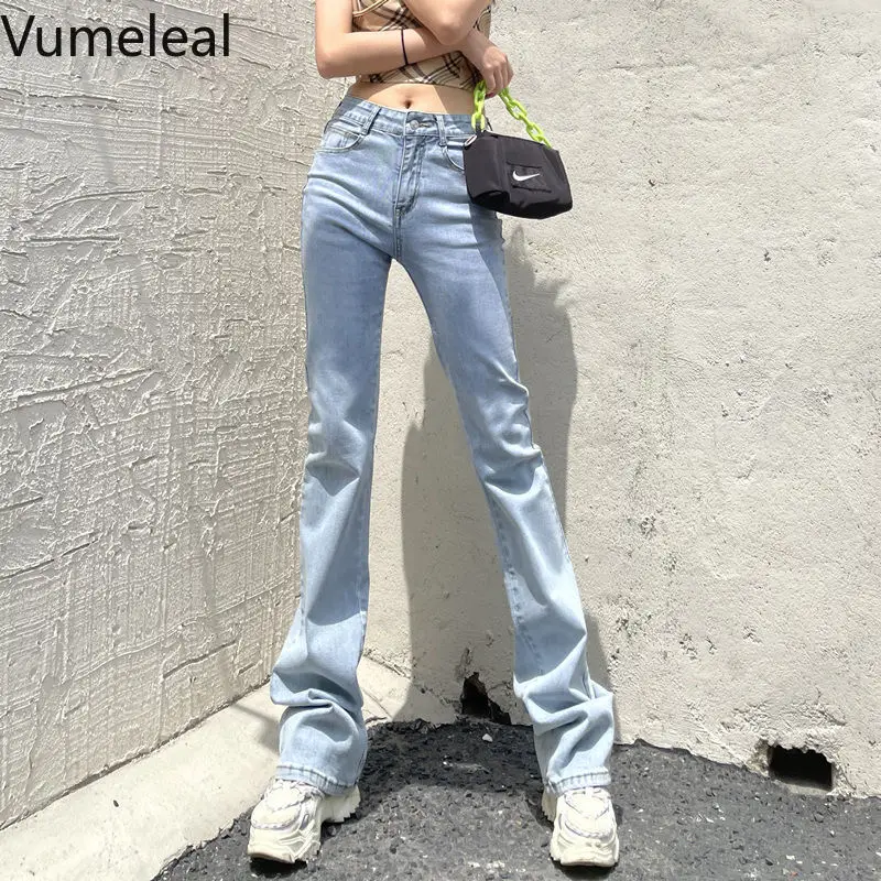 

High Waist Mop The Ground Small Stretch Pants Hot Girl Lift Buttocks Show Thin Horn Jeans Female Summer Thin Wide Leg Pants Y2k