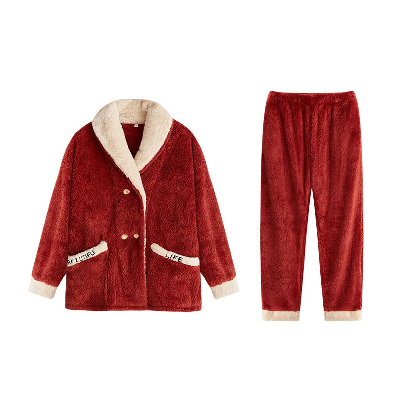 horswula Coral Fleece Pajamas Autumn Winter Cardigan Flannel Home Clothes Suit Sleepwear Pajamas Winter Ladies Thicken Suits