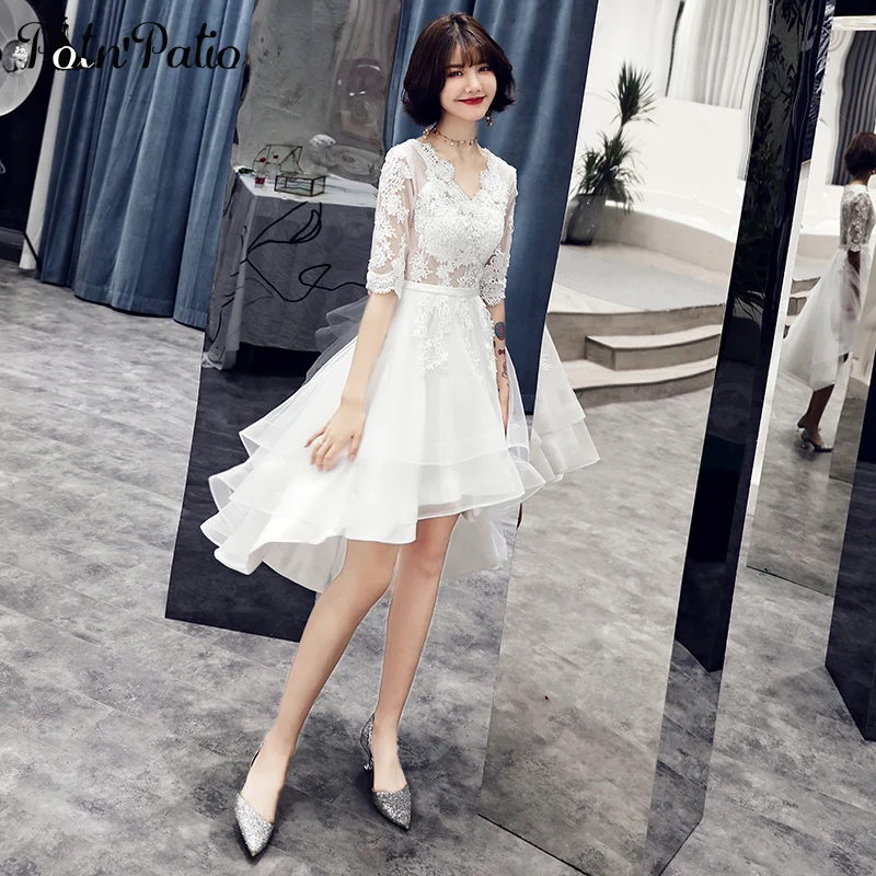 

Elegant White Short Homecoming Dresses 2021 V-neck Lace Appliques Tulle High Low Prom Party Dresses With Sleeves