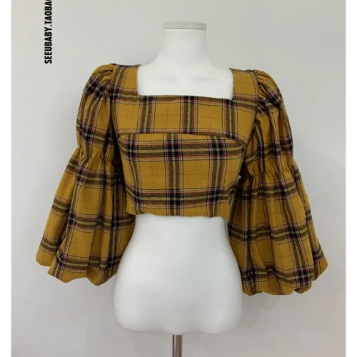 Женские клетчатые топы и блузки Genayooa винтажная блузка на шнуровке Женский Топ с