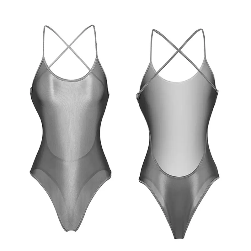 Ice Silk Sexy Shiny Glossy High Cut Bodysuit Women Shaper Sheer Backless Stage Dance Wear Leotard Tight With Thong |