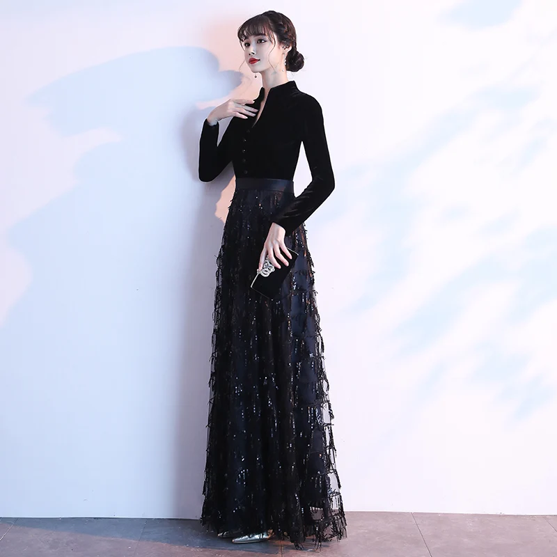 

Robe De Soiree Evening Dress 2020 Sequined O-Neck Black Floor-length Dinner Gowns Full Sleeves
