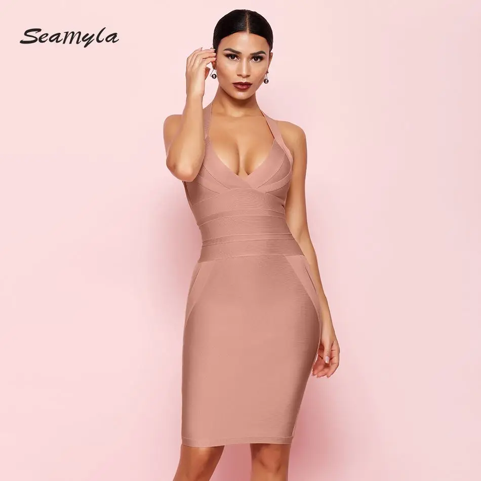 Seamyla облегающее Бандажное платье для женщин Vestidos новое летнее платье с бретелькой через шею для знаменитостей вечернее платье для вечеринок сексуальное ночное Клубное платье