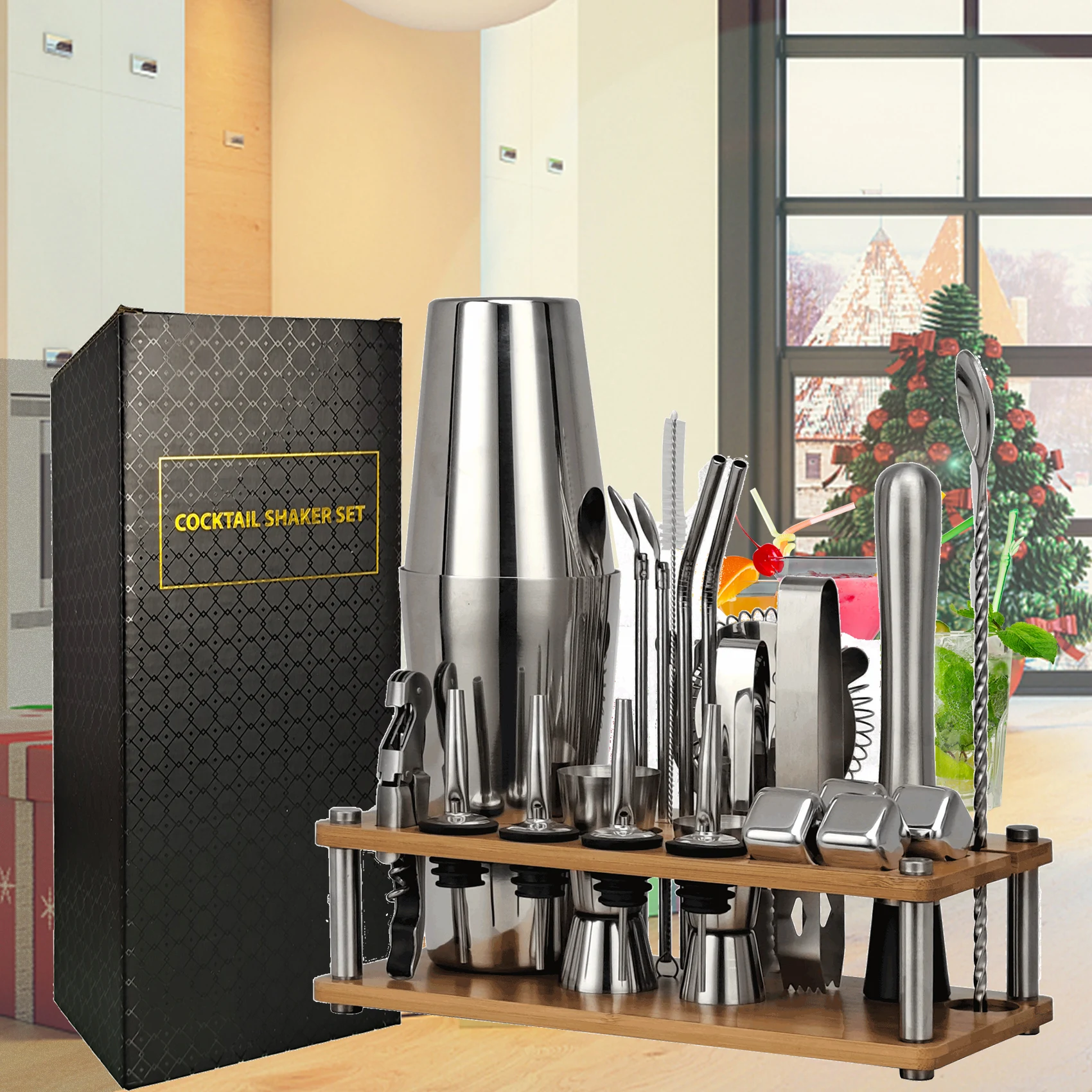 Juego de coctelera de 23 piezas, Kit de camarero con soporte de bamb&uacute; desmontable, herramientas de Bar para casa y fiesta de acero inoxidable, regalo perfecto-2